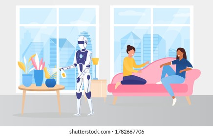 The robot is watering the flowers. The girls are sitting on the couch and talking. The concept of Futuristic Technologies. Lifestyle. Domestic robot Robot assistant and housekeeper Vector Illustration