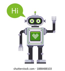 the robot waves his hand and says hi. flat character vector illustration isolated on white background.