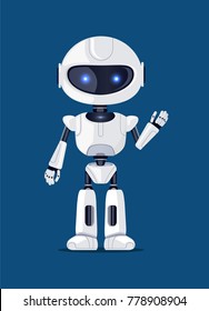 Robot waving and greeting someone, artificial creature, made up of metal and plastic, robotic object with shining blue eyes vector illustration