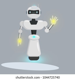 robot waving his hand,  flying, luminous, beautiful modern friendly 
 robot, vector illustration, gray background