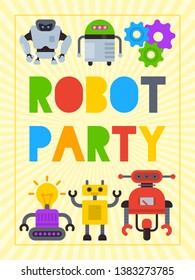 Robot waving, robotic dog friend design for kid party poster vector illustration. Happy birthday party welcome. Celebration. Futuristic artificial intelligence technology.
