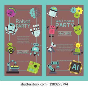 Robot waving, robotic dog friend design for kid party set of banners vector illustration. Birthday party welcome. Celebration. Futuristic artificial intelligence technology.