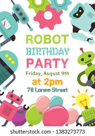 Robot waving, robotic humanoids for kid party poster vector illustration. Happy birthday party welcome. Celebration for children. Futuristic artificial intelligence technology.