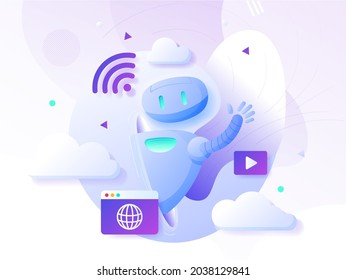 Robot waving at you, modern technology illustration, internet provider and WIFI Banner illustration.