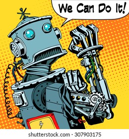 The robot we can do it the protest power of the machine future. Technology robotics retro style pop art