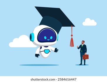 Robot wearing academic graduation mortarboard hat. Education curriculum, overseas school, college and university. Flat vector illustration
