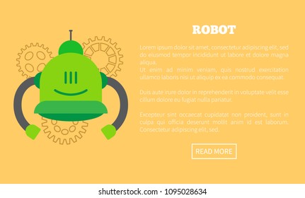 Robot web page with text sample, thick headline and button, site for robotic creature information, vector illustration, isolated on yellow background.