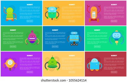 Robot web pages collection with robots and text sample, headlines and buttons, types of mechanisms, vector illustration, isolated on multicolored