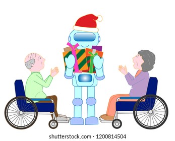 A robot who has artificial intelligence at Christmas presents gifts.
