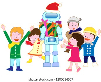 A robot who has artificial intelligence at Christmas presents gifts.
