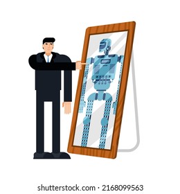 Robot will replace human. Robot is reflected in mirror of man. Concept of replacing people with robots