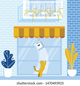 Robot Window Cleaner Cartoon Flat Vector Illustration. Exterior of Shop, Apartment. Robot Washing Windows, Cat Trying to Catch Helper. Dirty Glass Outdoors and Plants. Pet Playing with Washer.