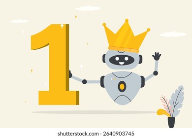 Robot winner. Cyborg with crown and number One. Best AI chat bot. Funny robot on first place. Best innovations, neural networks and new technologies help people. flat vector illustration