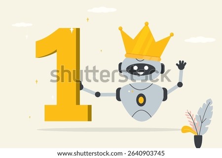 Robot winner. Cyborg with crown and number One. Best AI chat bot. Funny robot on first place. Best innovations, neural networks and new technologies help people. flat vector illustration