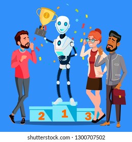 Robot Winner Stands On First Place Of Podium Among People Vector. RPA Robotic Progress. Isolated Illustration