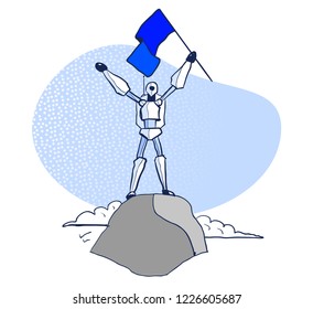 Robot, winner, technology, champion, machine concept. Hand drawn robot with flag on top of mountain concept sketch. Isolated vector illustration.