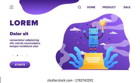Robot winning golden cup. Award, celebration, cyborg flat vector illustration. Technology and contest concept for banner, website design or landing web page