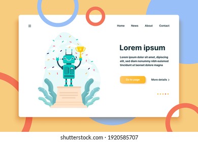 Robot winning golden cup. Award, celebration, cyborg flat vector illustration. Technology and contest concept for banner, website design or landing web page