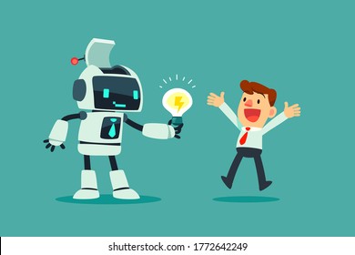 Robot con inteligencia artificial da luz de idea al hombre de negocios. Concepto de negocios de inteligencia artificial.