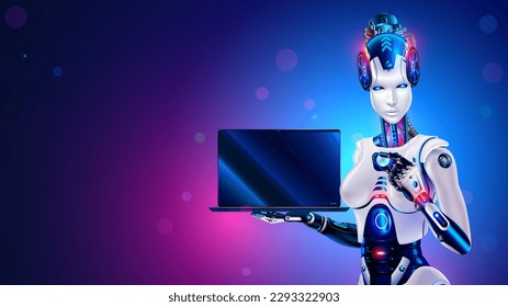 Robot woman with AI shows laptop screen in his hands. Cyborg female holds a laptop with a blank screen in the palm of his hand. Artificial intelligence or neural networks computer conceptual banner.