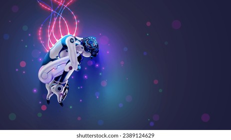 Robot woman curl up, sleeping in cyberspace. Cyborg connection cables with data signals. Sci fi illustration of humanoid anthropomorphic female robot. AI concept illustration. Artificial Intelligence.