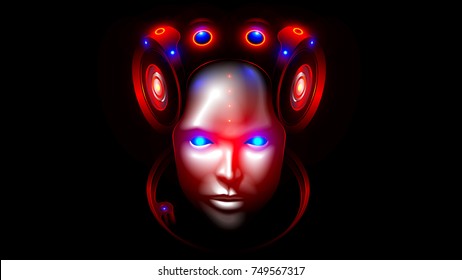 Robot woman face or head front view. Artificial intelligence, Artificial intelligence looks seriously into the eyes, Plastic humanoid mask hides the artificial brain. Future concept