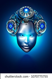 Robot woman face or head. Robotic female with beautiful vintage hairstyle