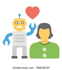 
A robot, woman and heart human and robot relationships, flat icon

