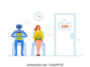Robot and Woman Hiring at Work. Female Character and Android Waiting Hiring Interview Sitting on Chairs at Office Hall. Hr, Robotization, Cyborg VS Human Concept. Cartoon People Vector Illustration