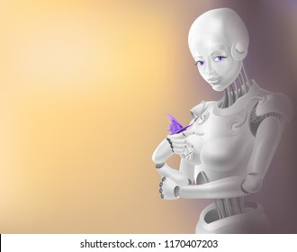 A robot woman holding a butterfly. There is a concept of nature and technology.