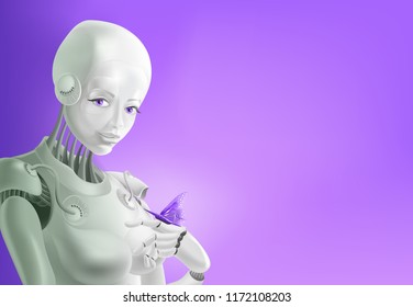 A robot woman holding a butterfly. There is a concept of nature and technology.