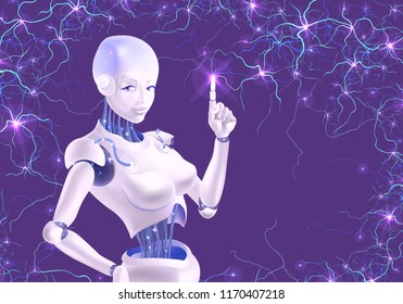 A robot woman holding an index finger up. Neurons are on the wires of the robot. The robot is on the background of neurons that sparkle.