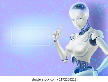 A robot woman holding an index finger up. Neurons are on the wires of the robot. On the background of mathematical charts, there is a place for text.