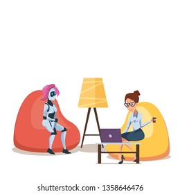 Robot and Woman with Laptop in Bean Bag Chair. Successful Businesswoman Sit Hold Cup of Tea or Coffee. Female Artificial Intelligence Character with Pink Hair. Flat Cartoon Vector Illustration.