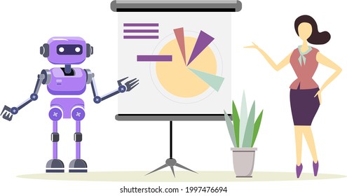 A robot and a woman make a presentation at a conference. They show a diagram, a graph, and analyze the data. Robotics is the technology of the future. Vector illustration