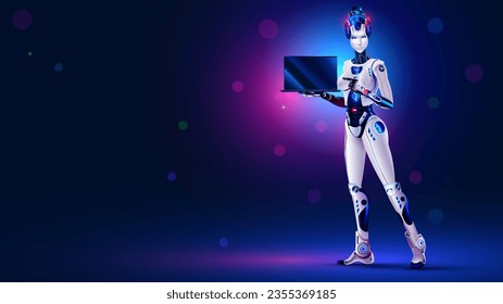 Robot woman standing on scene with laptop. Artificial intelligence or AI in image robotic lady full growth. Robot woman points at laptop screen in palm of her hand. Female cyborg performs on stage.