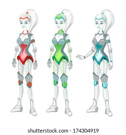 The robot woman standing straightly in full size. Vector illustration.