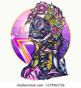 Robot woman t-shirt design. Cyberpunk. Portrait of biomechanical girl, people of future art, synthwave, vaporwave and retrowave music 