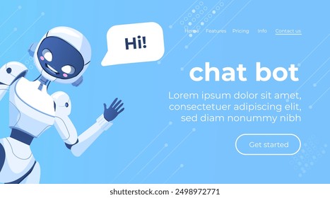 Roboterfrau winkte mit der Hand. AI Content Generator. Chatbot-Technologie. Technologie- und Ingenieurkonzept. KI-Chatbot basiert auf künstlicher Intelligenz und neuronalen Netzwerken. Online-Banner.