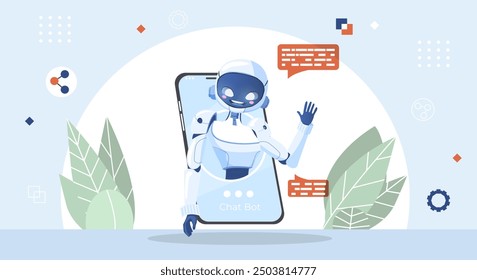 Robot woman waved his hand. AI Content Generator. Chatbot technology. Technology and engineering concept. AI chatbot based on artificial intelligence and neural networks. Online web banner.