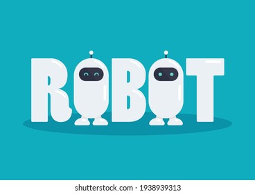 Palabra robótica con dos personajes robots lindos. Ilustración vectorial. Diseño gráfico