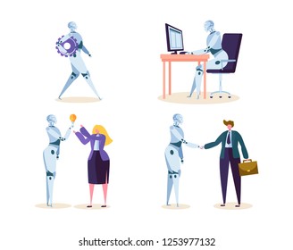 Robot Work in Office with People. Machine Ai Character Help Businessman in Future Job. Cyborg and Man make Agreement with Handshake. Flat Cartoon Vector Illustration