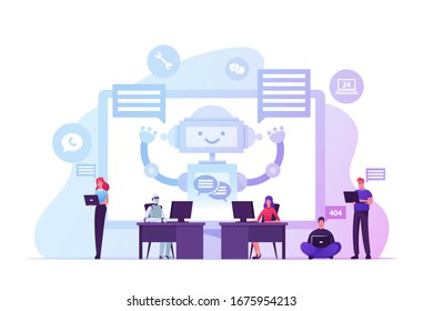 Robot Work on Laptop Help Customers. Ai Chatbot Faq Support, Online Consultation. Innovation, Artificial Intelligence Technology. People Characters Use Chat Bot Service. Cartoon Vector Illustration