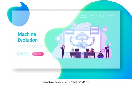 Robot Work on Laptop Help Customers Landing Page Template. Ai Chatbot Faq Support, Innovation, Artificial Intelligence Technology. People Characters Use Chat Bot Service. Cartoon Vector Illustration