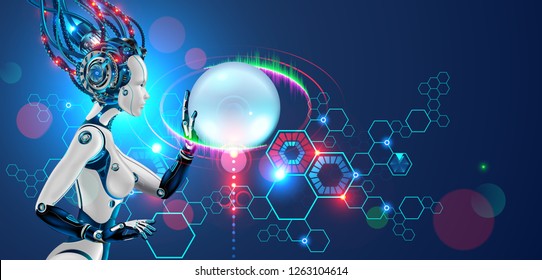 Robot work side view. Cyborg or android woman touches virtual graphics interface. Ai or artificial intelligence analyzes abstract information on hud. futuristic technology banner.