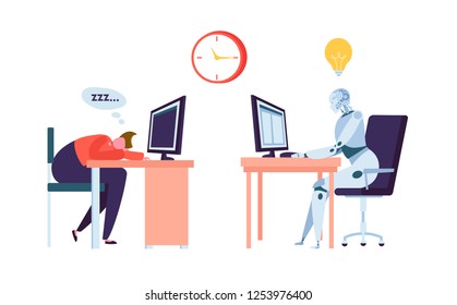 Robot Work while Businessman Sleeps. Human and Droid Competition at Office. Robotic Character Worker Future Evolution. Flat Cartoon Vector Illustration