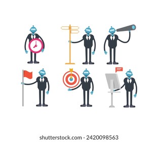 robot worker characters in various poses set vector illustration
