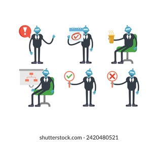 robot worker characters in various poses set vector illustration