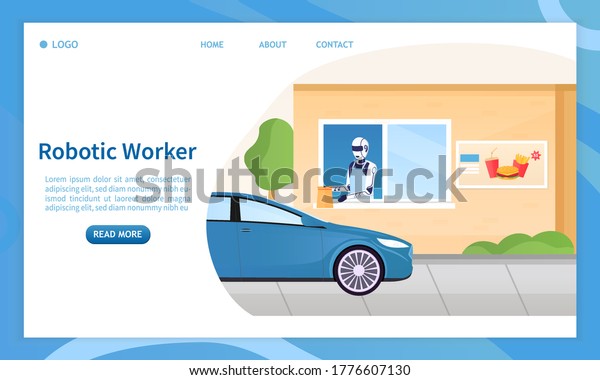 Robot worker in a fast food restaurant\
concept. Automated service in the restaurant industry. The robot\
gives the order through the window. A humanoid robot in a\
restaurant. Flat Vector\
Illustration