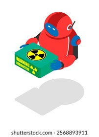 Robot worker at nuclear power plant carries cell containing hazardous radioactive materials. Isometric robotization of hazardous industries. 3D vector concept isolated on white background